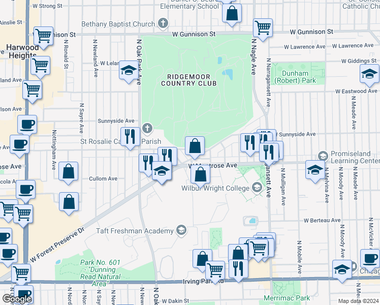 map of restaurants, bars, coffee shops, grocery stores, and more near 6621 West Norwood Court in Harwood Heights