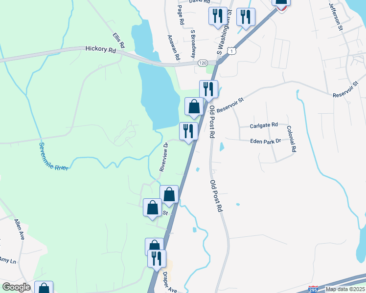 map of restaurants, bars, coffee shops, grocery stores, and more near 651 South Washington Street in North Attleborough