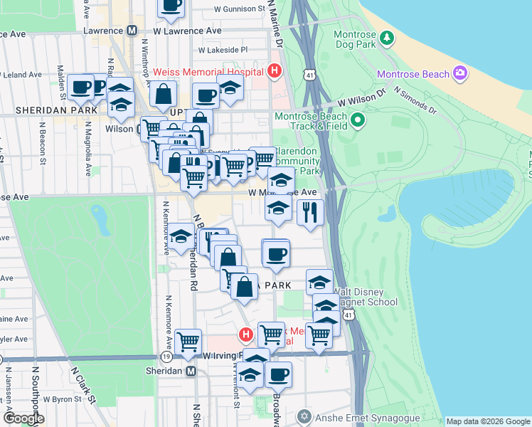 map of restaurants, bars, coffee shops, grocery stores, and more near 4321 North Dayton Street in Chicago