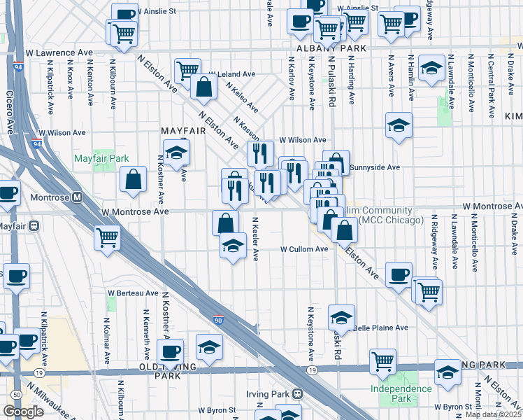 map of restaurants, bars, coffee shops, grocery stores, and more near 4150 West Montrose Avenue in Chicago