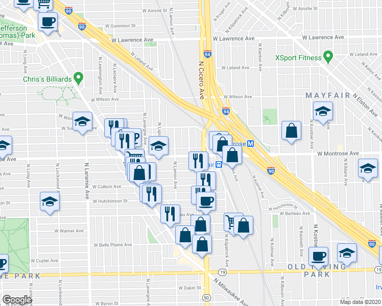 map of restaurants, bars, coffee shops, grocery stores, and more near 4401 North La Crosse Avenue in Chicago
