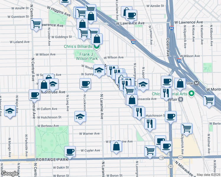 map of restaurants, bars, coffee shops, grocery stores, and more near 5138 West Montrose Avenue in Chicago