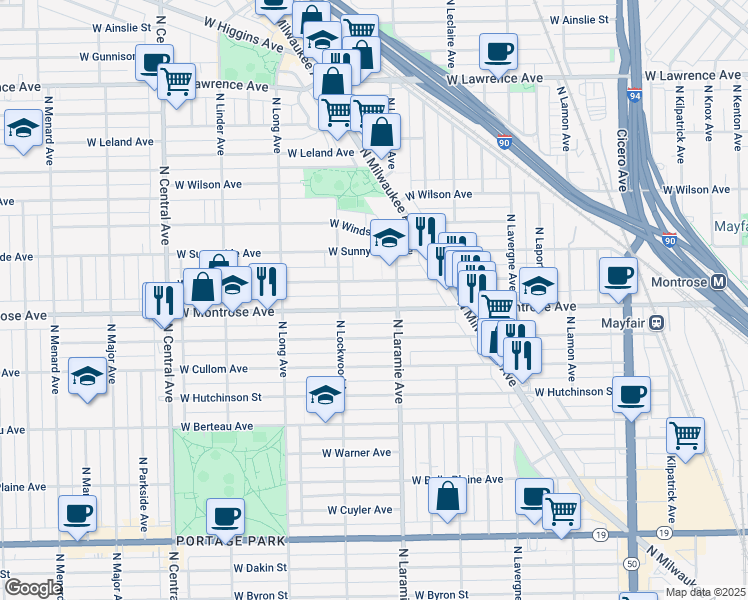 map of restaurants, bars, coffee shops, grocery stores, and more near 5236 West Montrose Avenue in Chicago