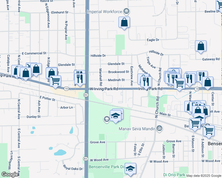 map of restaurants, bars, coffee shops, grocery stores, and more near 1013 Irving Park Road in Bensenville