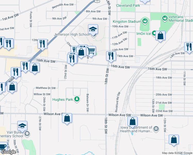 map of restaurants, bars, coffee shops, grocery stores, and more near 1826 Shady Grove Road Southwest in Cedar Rapids