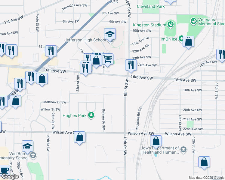 map of restaurants, bars, coffee shops, grocery stores, and more near 1826 Shady Grove Road Southwest in Cedar Rapids