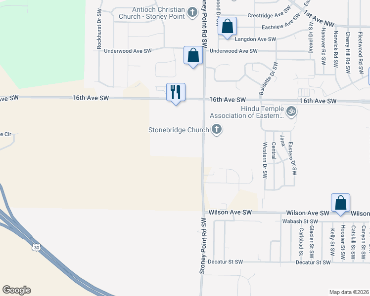 map of restaurants, bars, coffee shops, grocery stores, and more near 1900 Stoney Point Road Southwest in Cedar Rapids