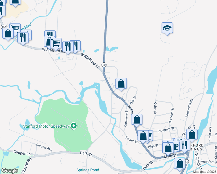 map of restaurants, bars, coffee shops, grocery stores, and more near 128 West Main Street in Stafford