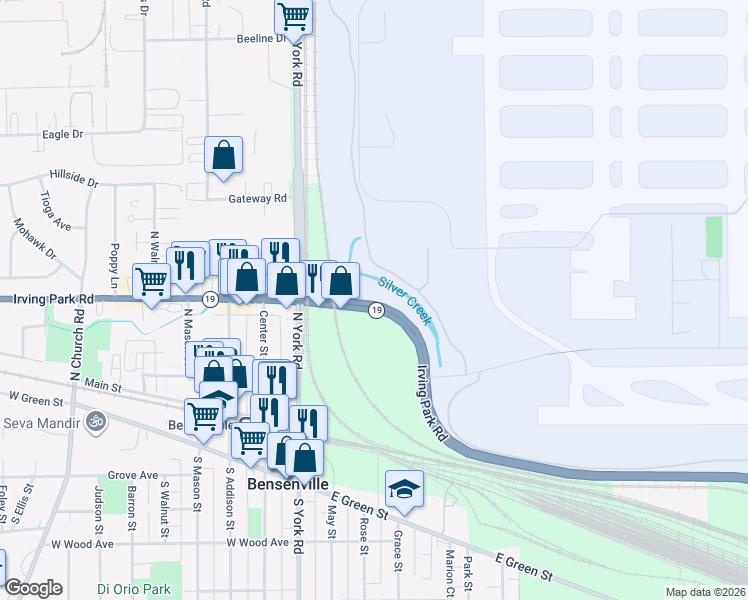map of restaurants, bars, coffee shops, grocery stores, and more near 205 Irving Park Road in Chicago