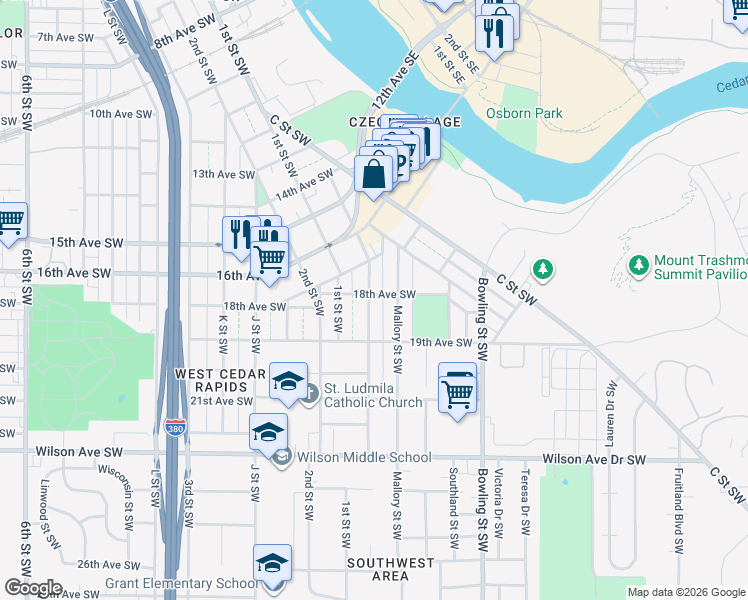 map of restaurants, bars, coffee shops, grocery stores, and more near 1801 Hamilton Street Southwest in Cedar Rapids