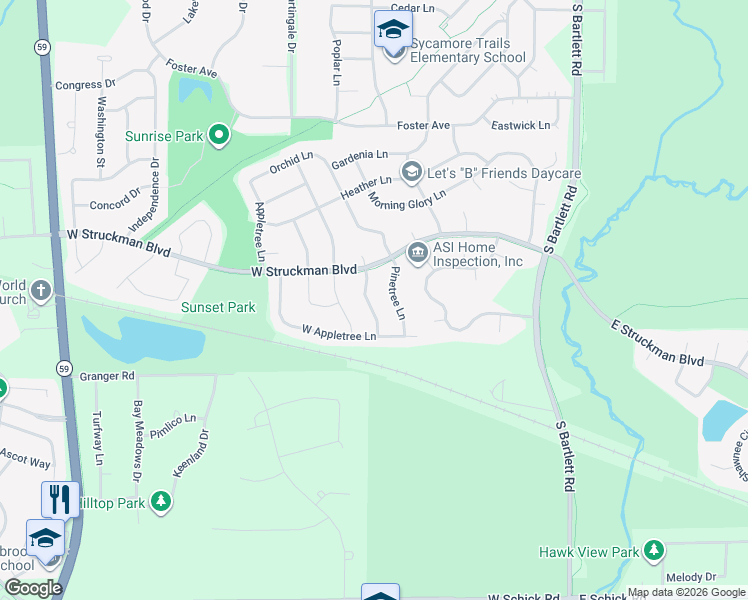 map of restaurants, bars, coffee shops, grocery stores, and more near 1215 Dogwood Lane in Bartlett