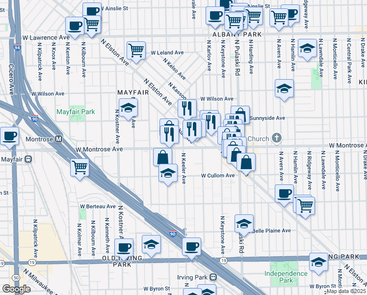 map of restaurants, bars, coffee shops, grocery stores, and more near West Montrose Avenue & North Keeler Avenue in Chicago