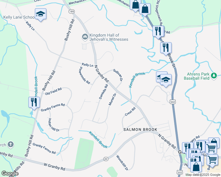 map of restaurants, bars, coffee shops, grocery stores, and more near 77 North Granby Road in Granby