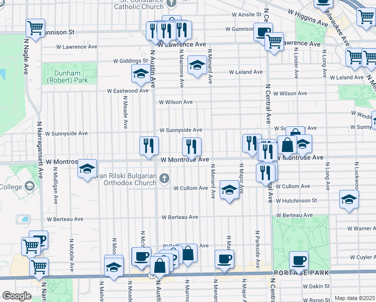 map of restaurants, bars, coffee shops, grocery stores, and more near 4415 North Marmora Avenue in Chicago