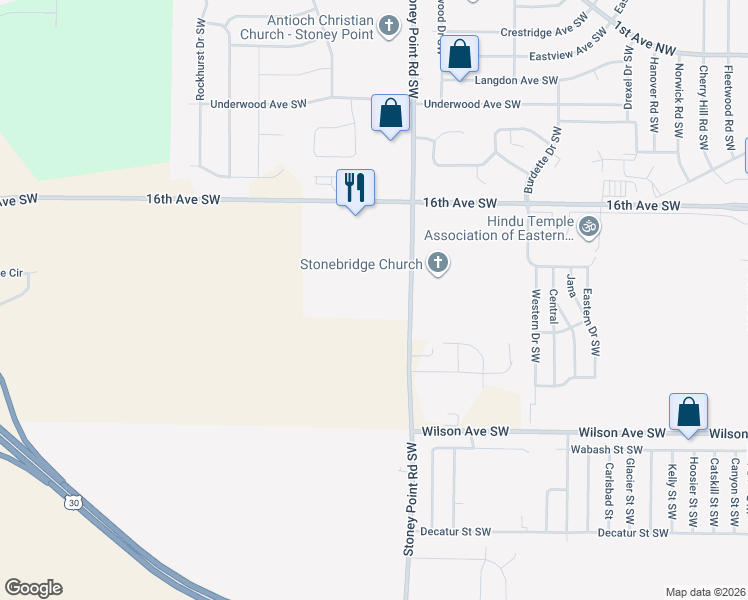 map of restaurants, bars, coffee shops, grocery stores, and more near 1900 Stoney Point Road Southwest in Cedar Rapids