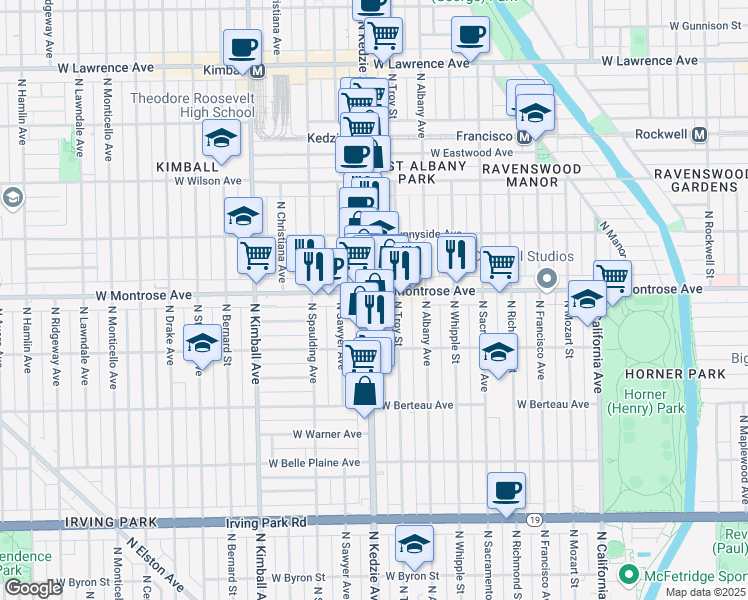 map of restaurants, bars, coffee shops, grocery stores, and more near 3157 W Montrose Ave in Chicago