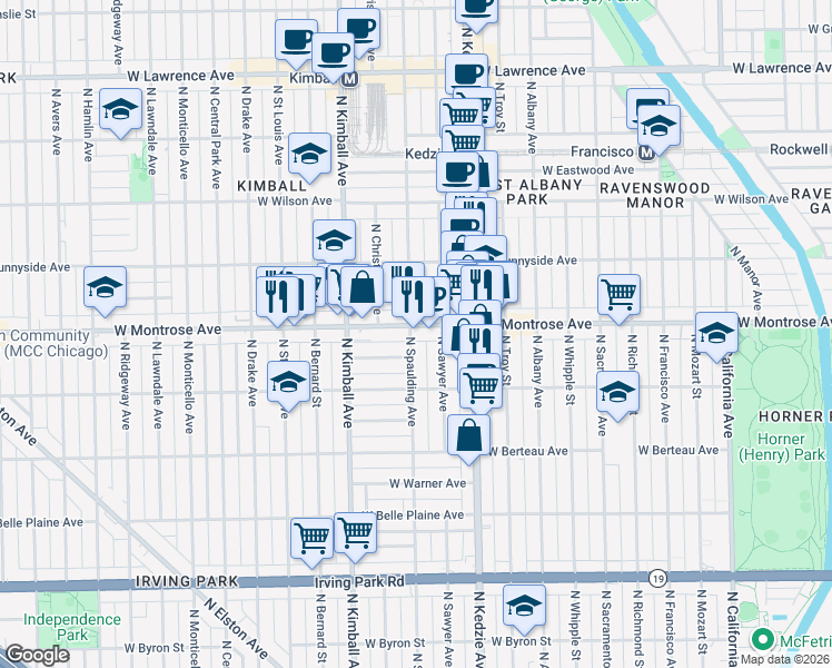 map of restaurants, bars, coffee shops, grocery stores, and more near 3257 West Montrose Avenue in Chicago
