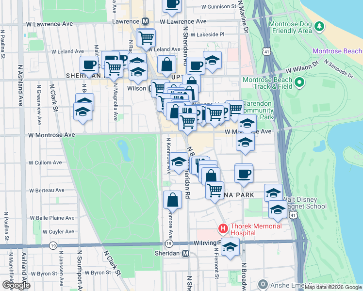 map of restaurants, bars, coffee shops, grocery stores, and more near 4342 North Sheridan Road in Chicago