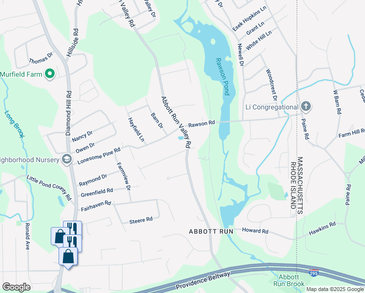 map of restaurants, bars, coffee shops, grocery stores, and more near 2 Fieldside Drive in Cumberland