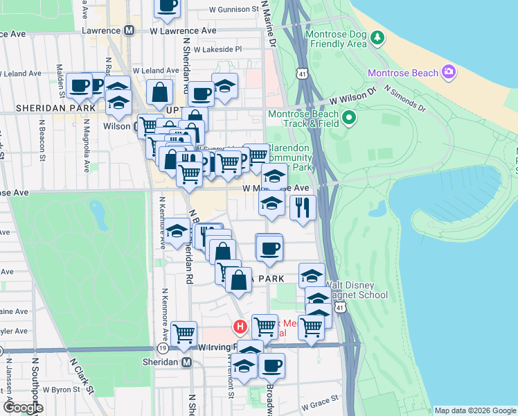 map of restaurants, bars, coffee shops, grocery stores, and more near 4321 North Dayton Street in Chicago