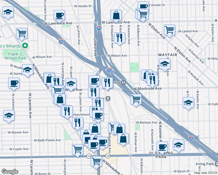 map of restaurants, bars, coffee shops, grocery stores, and more near 2 West Montrose Avenue in Chicago