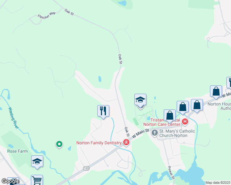 map of restaurants, bars, coffee shops, grocery stores, and more near 44 Oak Street in Norton