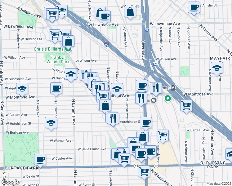 map of restaurants, bars, coffee shops, grocery stores, and more near 4936 West Montrose Avenue in Chicago