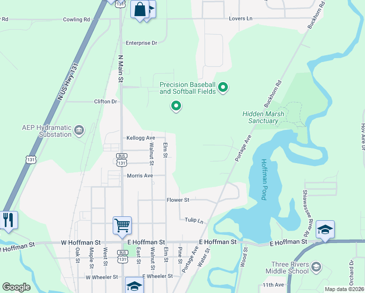 map of restaurants, bars, coffee shops, grocery stores, and more near 1215 Elm Street in Three Rivers