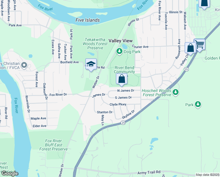 map of restaurants, bars, coffee shops, grocery stores, and more near 34W948 North James Drive in St. Charles