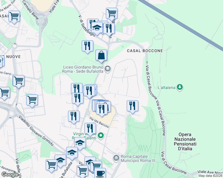 map of restaurants, bars, coffee shops, grocery stores, and more near 56 Via Paolo Monelli in Roma
