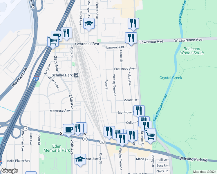 map of restaurants, bars, coffee shops, grocery stores, and more near 4555 Rose Street in Schiller Park