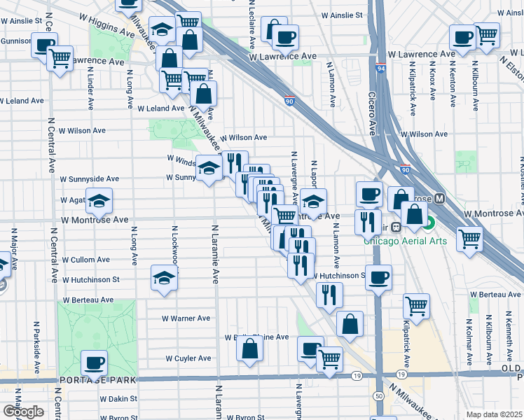 map of restaurants, bars, coffee shops, grocery stores, and more near 4413 North Milwaukee Avenue in Chicago