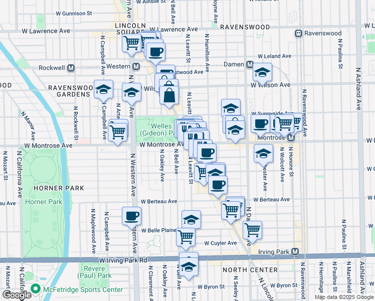 map of restaurants, bars, coffee shops, grocery stores, and more near 4346 North Leavitt Street in Chicago