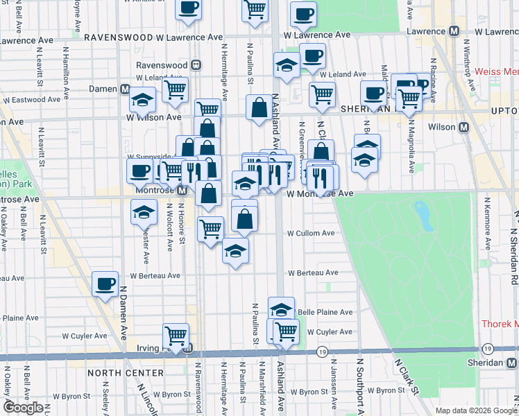 map of restaurants, bars, coffee shops, grocery stores, and more near 4339 North Paulina Street in Chicago
