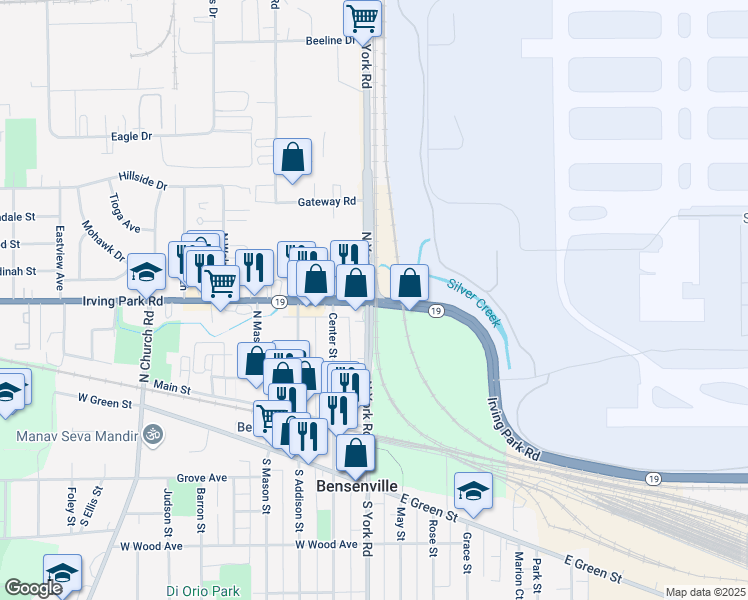 map of restaurants, bars, coffee shops, grocery stores, and more near 21 West Irving Park Road in Bensenville