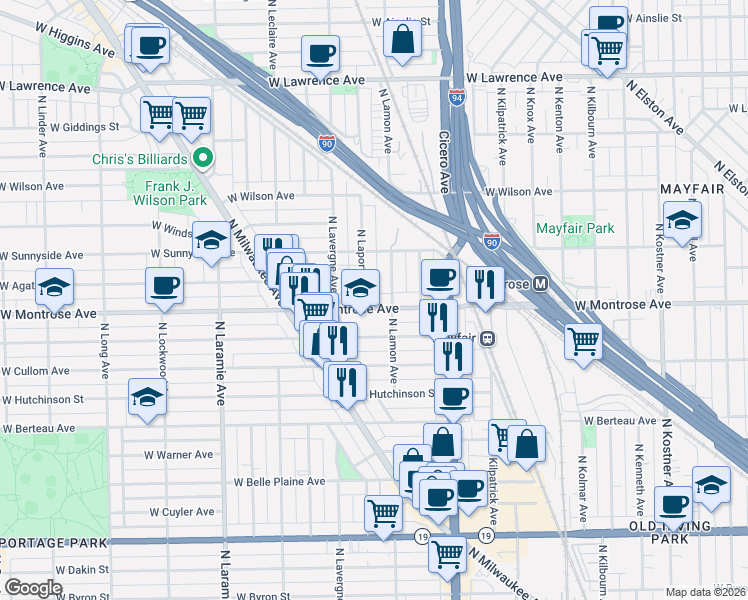 map of restaurants, bars, coffee shops, grocery stores, and more near 4900 West Montrose Avenue in Chicago