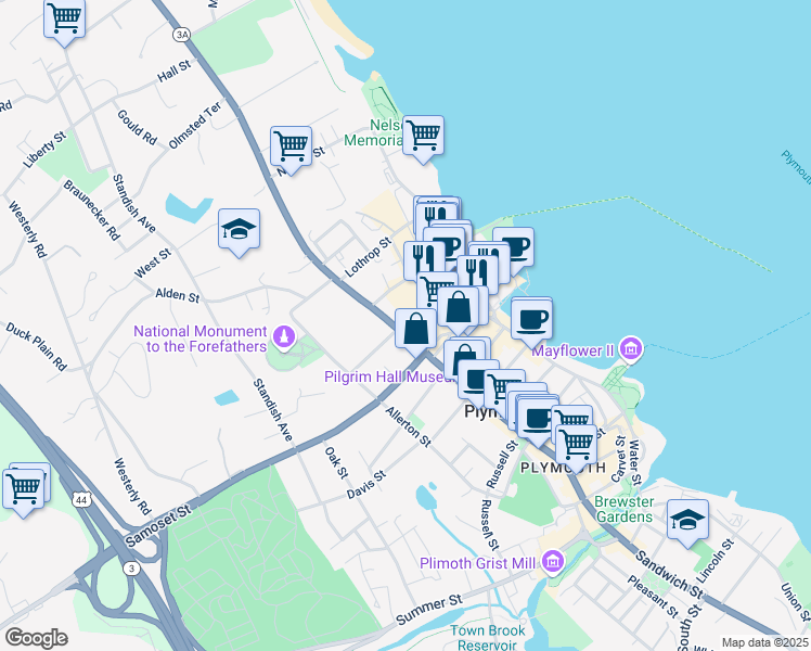 map of restaurants, bars, coffee shops, grocery stores, and more near 119 Court Street in Plymouth