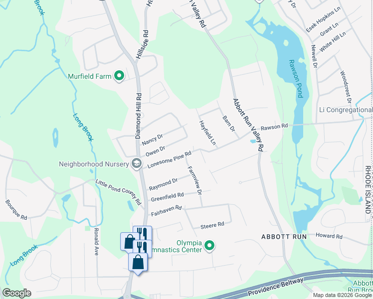 map of restaurants, bars, coffee shops, grocery stores, and more near 28 Lonesome Pine Road in Cumberland