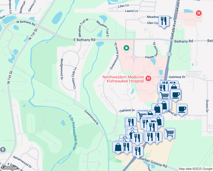 map of restaurants, bars, coffee shops, grocery stores, and more near 2742 Greenwood Acres Drive in DeKalb