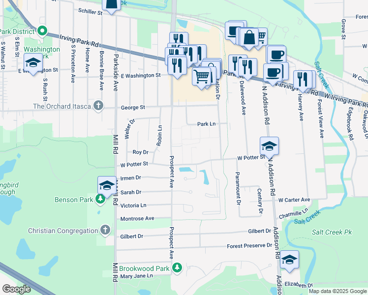 map of restaurants, bars, coffee shops, grocery stores, and more near 504 Washington Square in Wood Dale