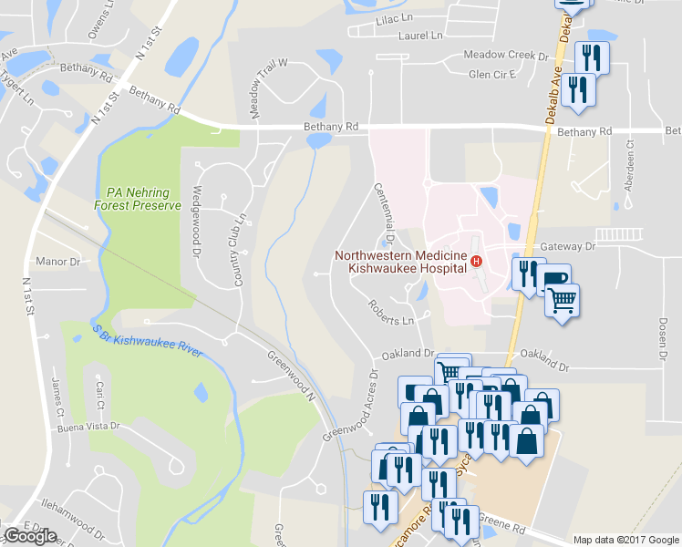 map of restaurants, bars, coffee shops, grocery stores, and more near 2742 Greenwood Acres Drive in DeKalb