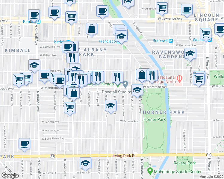 map of restaurants, bars, coffee shops, grocery stores, and more near 2937 West Montrose Avenue in Chicago