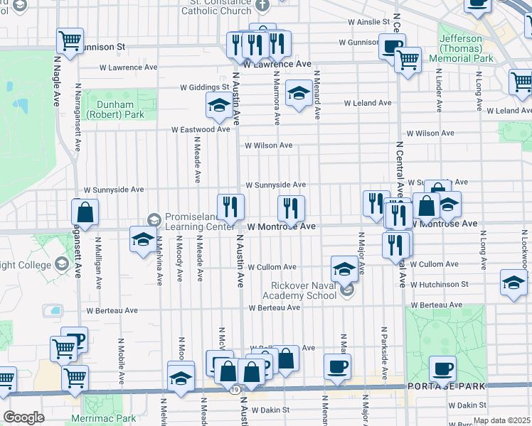 map of restaurants, bars, coffee shops, grocery stores, and more near 4419 N Mason Ave in Chicago