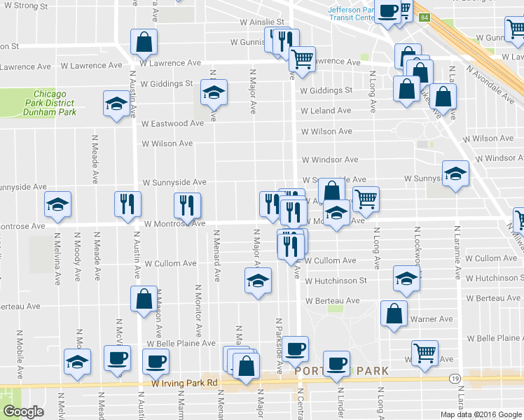 map of restaurants, bars, coffee shops, grocery stores, and more near 4415 N Major Ave in Chicago