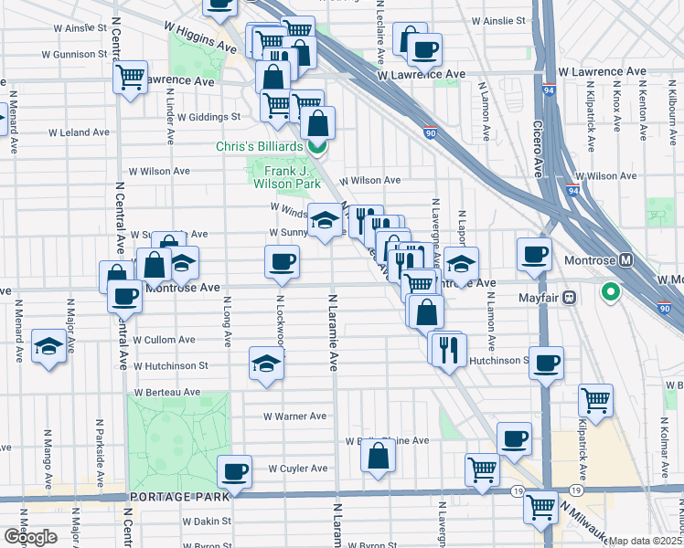 map of restaurants, bars, coffee shops, grocery stores, and more near 5160 West Montrose Avenue in Chicago