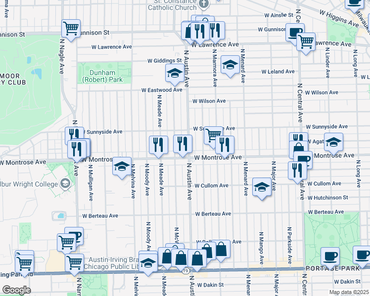 map of restaurants, bars, coffee shops, grocery stores, and more near 4420 North Austin Avenue in Chicago