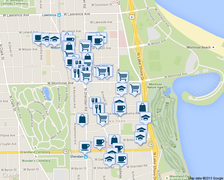 map of restaurants, bars, coffee shops, grocery stores, and more near 4321 North Dayton Street in Chicago