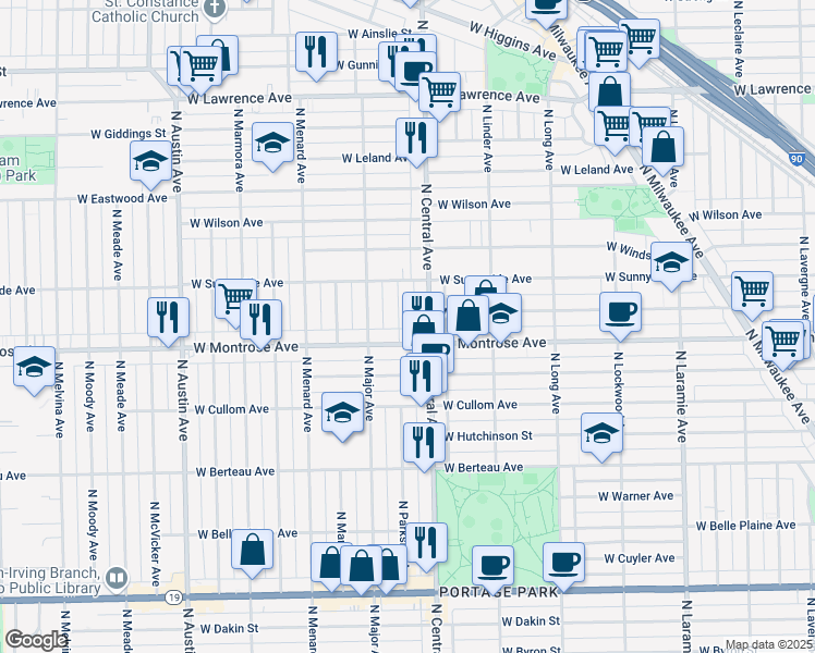 map of restaurants, bars, coffee shops, grocery stores, and more near 4415 North Parkside Avenue in Chicago