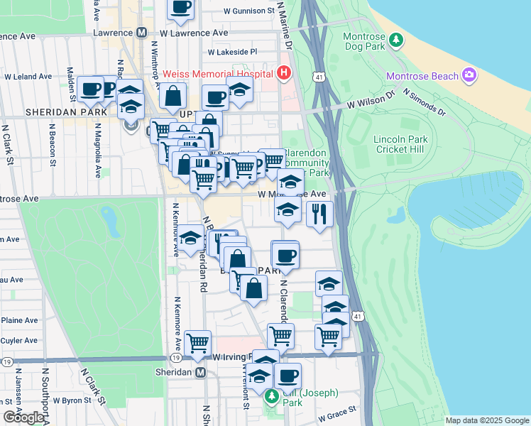 map of restaurants, bars, coffee shops, grocery stores, and more near 4321 North Dayton Street in Chicago