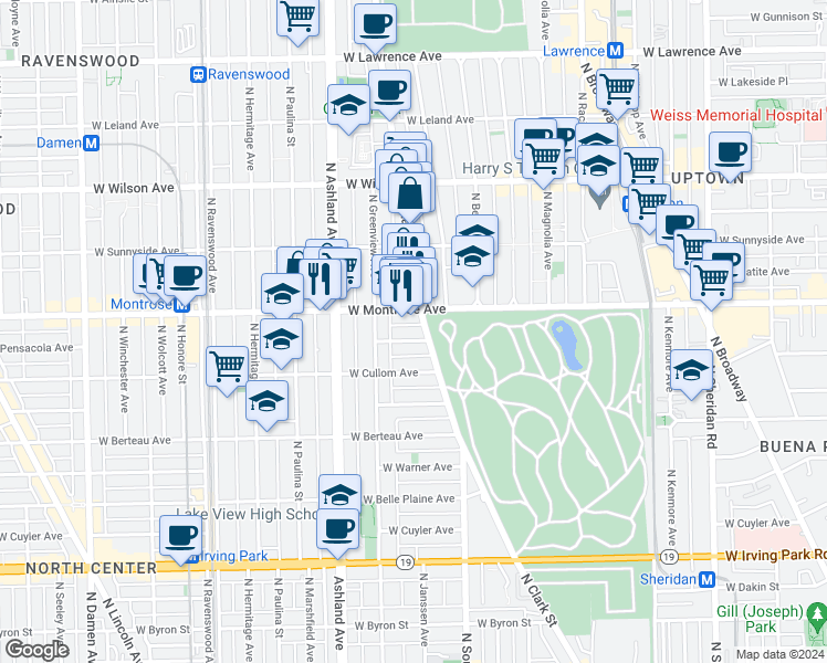 map of restaurants, bars, coffee shops, grocery stores, and more near in Chicago